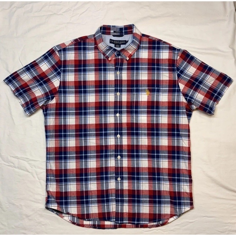 U.S. Polo Assn. Men's Stretch Plaid Shirt Red White Blue Short Sleeve Size XL